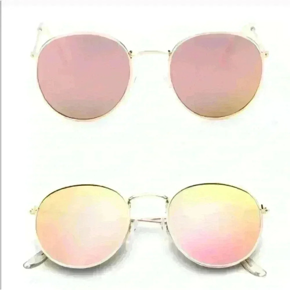 Rose Pink Round Lens Gold Frame Sunglasses with microfiber cleaning pouch - Picture 2 of 12